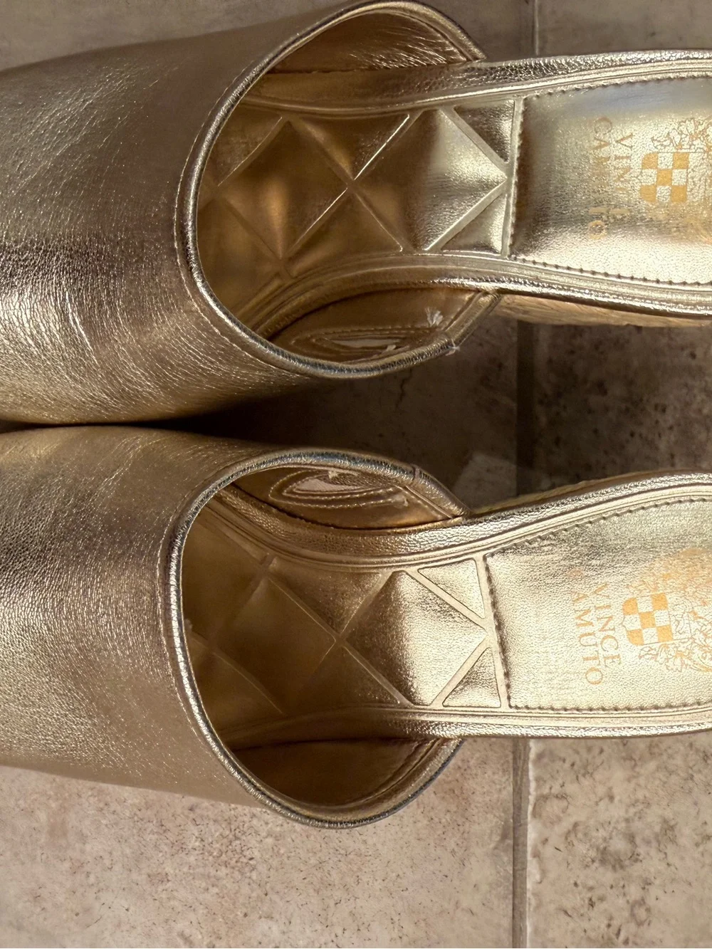 Vince Camuto, size 8 Gold Leather Slide Mules - Women's Open Toe Heels
